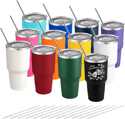 12 Pack Insulated Tumbler 30oz Powder Coated Stainless Steel Double Wall Vacuum Travel Coffee Tumbler Cup with Lid and Straw for DIY Gift (Mixed Colors)