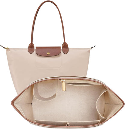Felt Purse Organizer Insert for Longchamp Le Pliage M Bag, Handbag Leather edge Longchamp Organizer Insert with Cup Holder Tote Organize(Beige, Medium)