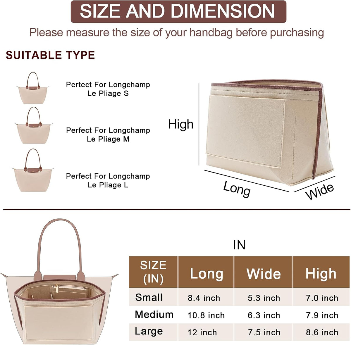 Felt Purse Organizer Insert for Longchamp Le Pliage M Bag, Handbag Leather edge Longchamp Organizer Insert with Cup Holder Tote Organize(Beige, Medium)
