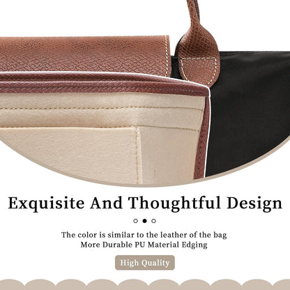 Felt Purse Organizer Insert for Longchamp Le Pliage M Bag, Handbag Leather edge Longchamp Organizer Insert with Cup Holder Tote Organize(Beige, Medium)
