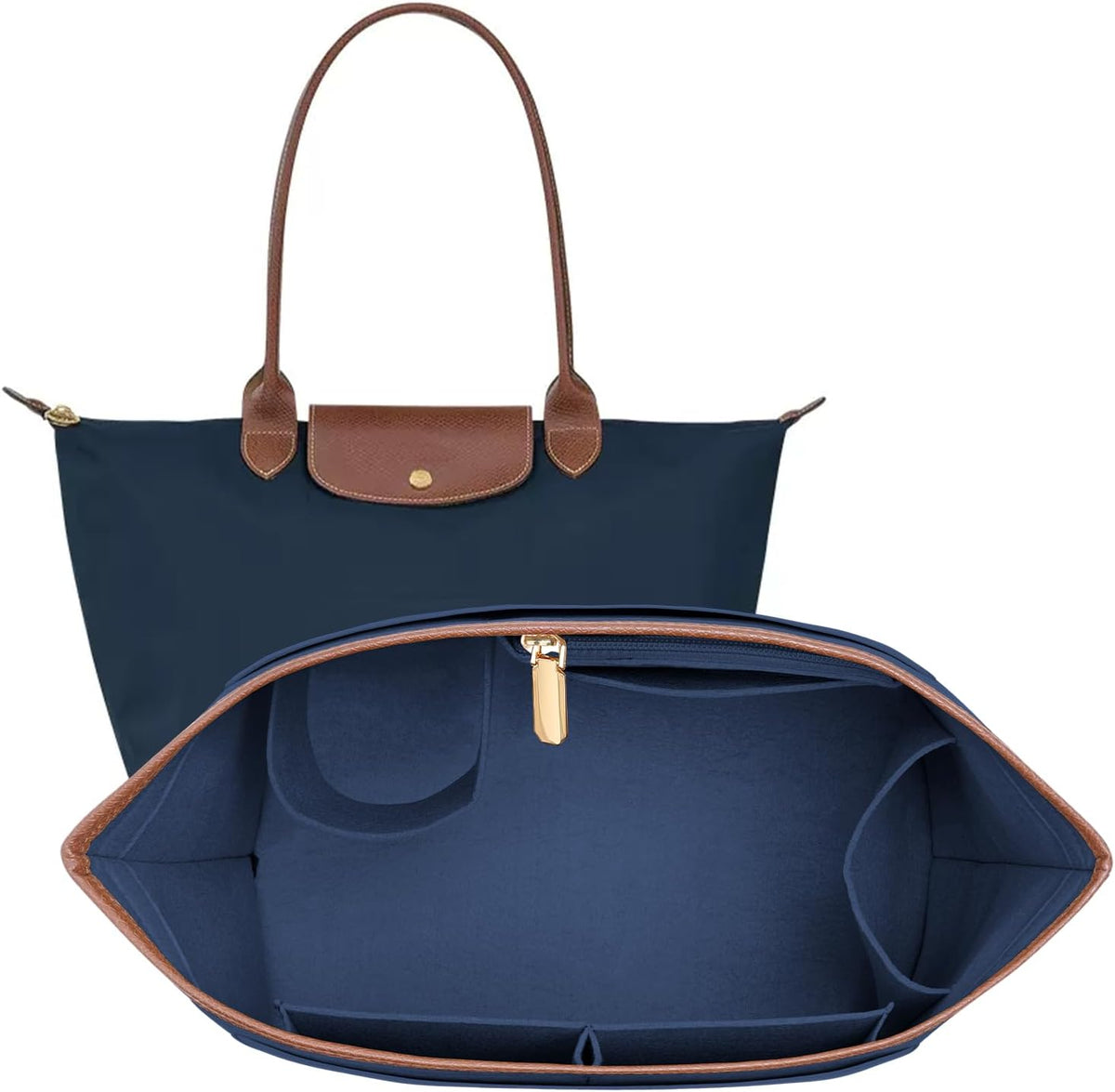 Felt Purse Organizer Insert for Longchamp Le Pliage M Bag, Handbag Leather edge Longchamp Organizer Insert with Cup Holder Tote Organize(Beige, Medium)