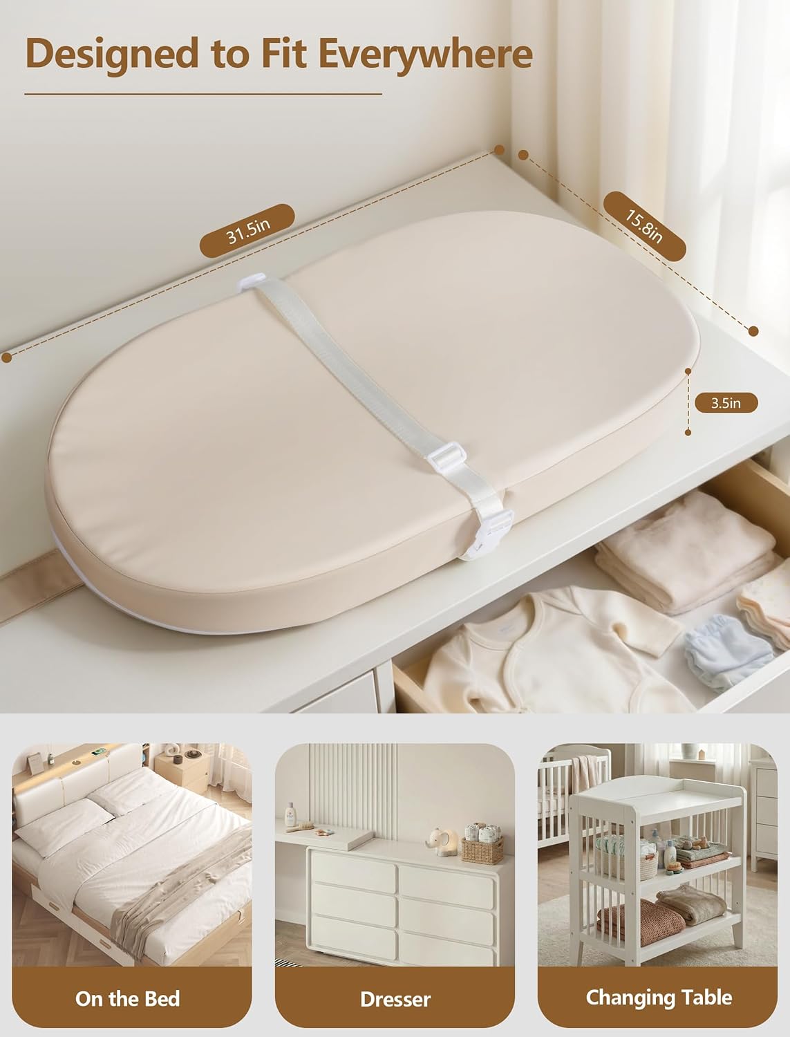 Wipeable Baby Changing Pad: Changing Pad Babies for Dresser Waterproof 31.5” * 15.7” with Removable Safety Strap for Diaper Changing on Table (Grey)