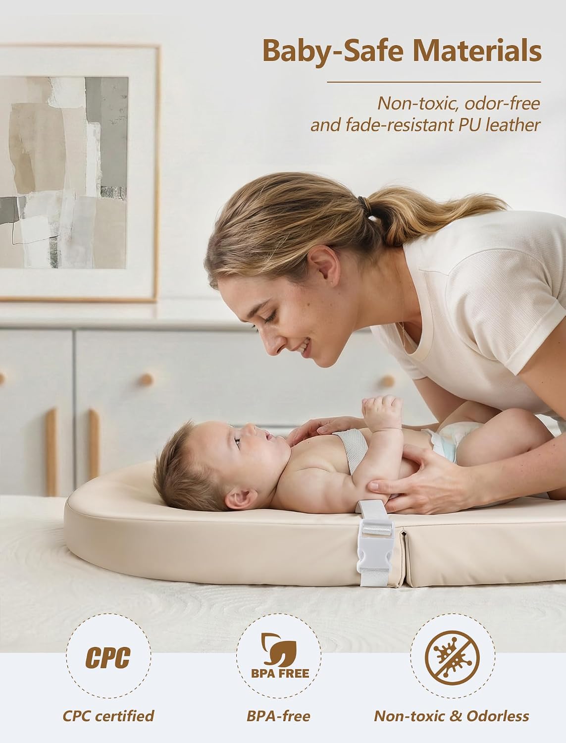 Wipeable Baby Changing Pad: Changing Pad Babies for Dresser Waterproof 31.5” * 15.7” with Removable Safety Strap for Diaper Changing on Table (Grey)