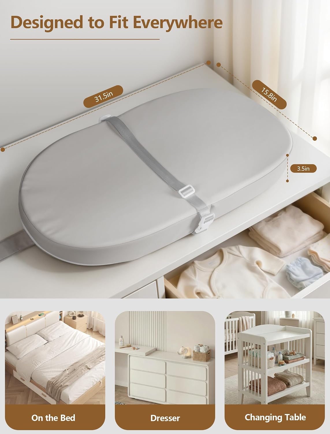 Wipeable Baby Changing Pad: Changing Pad Babies for Dresser Waterproof 31.5” * 15.7” with Removable Safety Strap for Diaper Changing on Table (Grey)