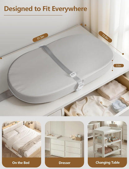 Wipeable Baby Changing Pad: Changing Pad Babies for Dresser Waterproof 31.5” * 15.7” with Removable Safety Strap for Diaper Changing on Table (Grey)