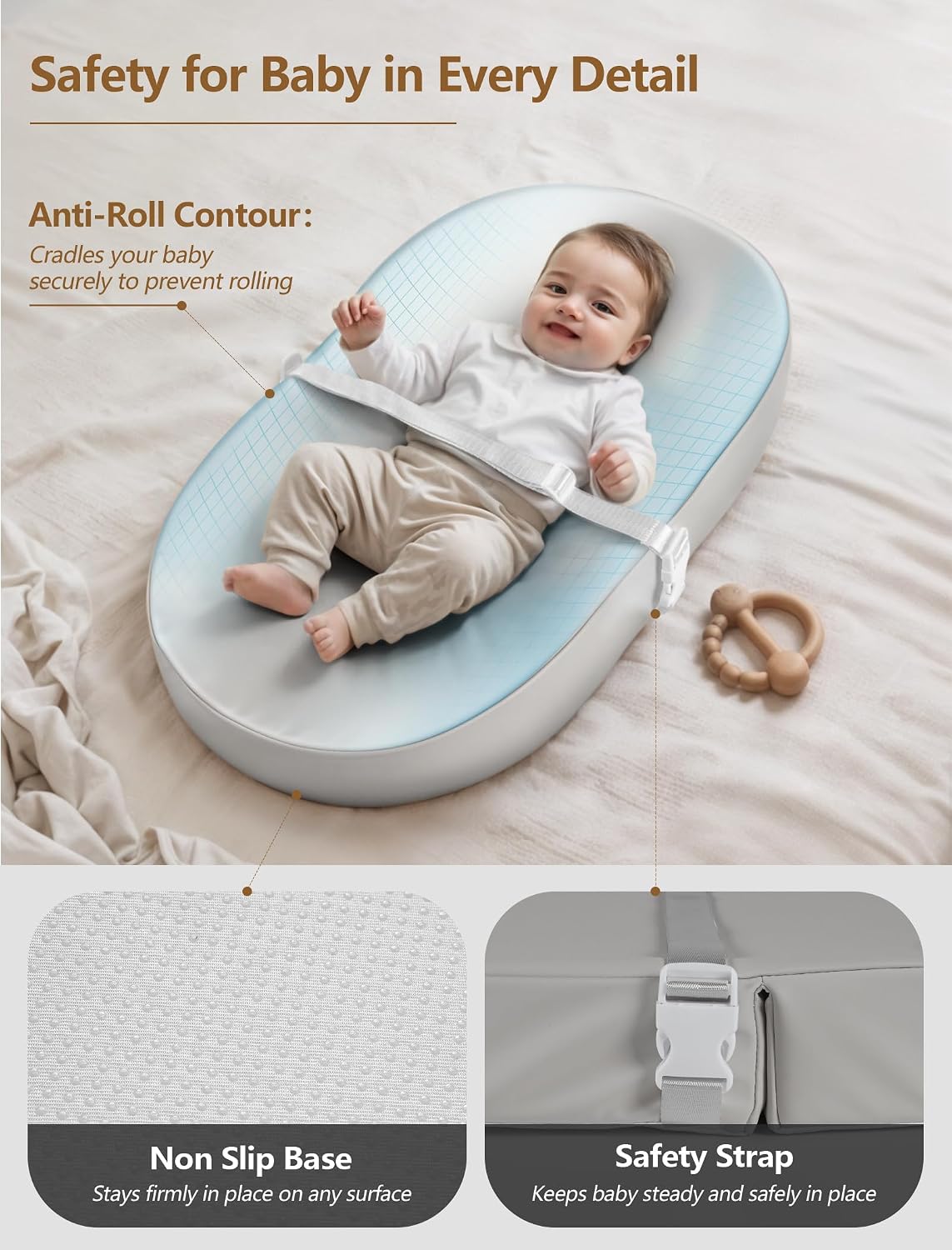 Wipeable Baby Changing Pad: Changing Pad Babies for Dresser Waterproof 31.5” * 15.7” with Removable Safety Strap for Diaper Changing on Table (Grey)