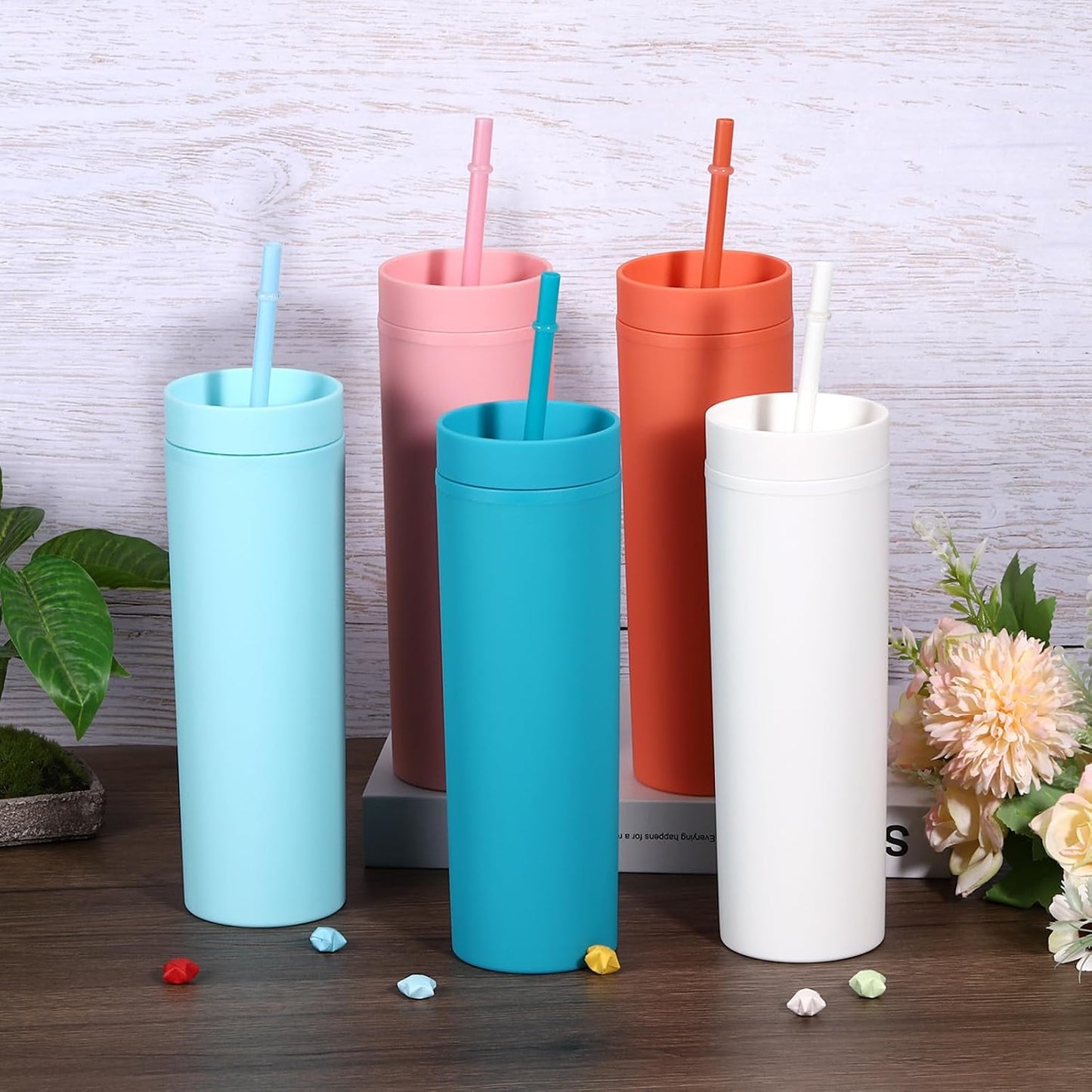 Skinny Tumbler with Lids and Straws, 16Oz Matte Light Green Skinny Tumbler Bulk, Reusable Pastel Acrylic Tumbler, Double Wall Plastic Tumbler for Cold Hot Drinks, Coffee DIY