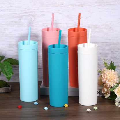Skinny Tumbler with Lids and Straws, 16Oz Matte Light Green Skinny Tumbler Bulk, Reusable Pastel Acrylic Tumbler, Double Wall Plastic Tumbler for Cold Hot Drinks, Coffee DIY