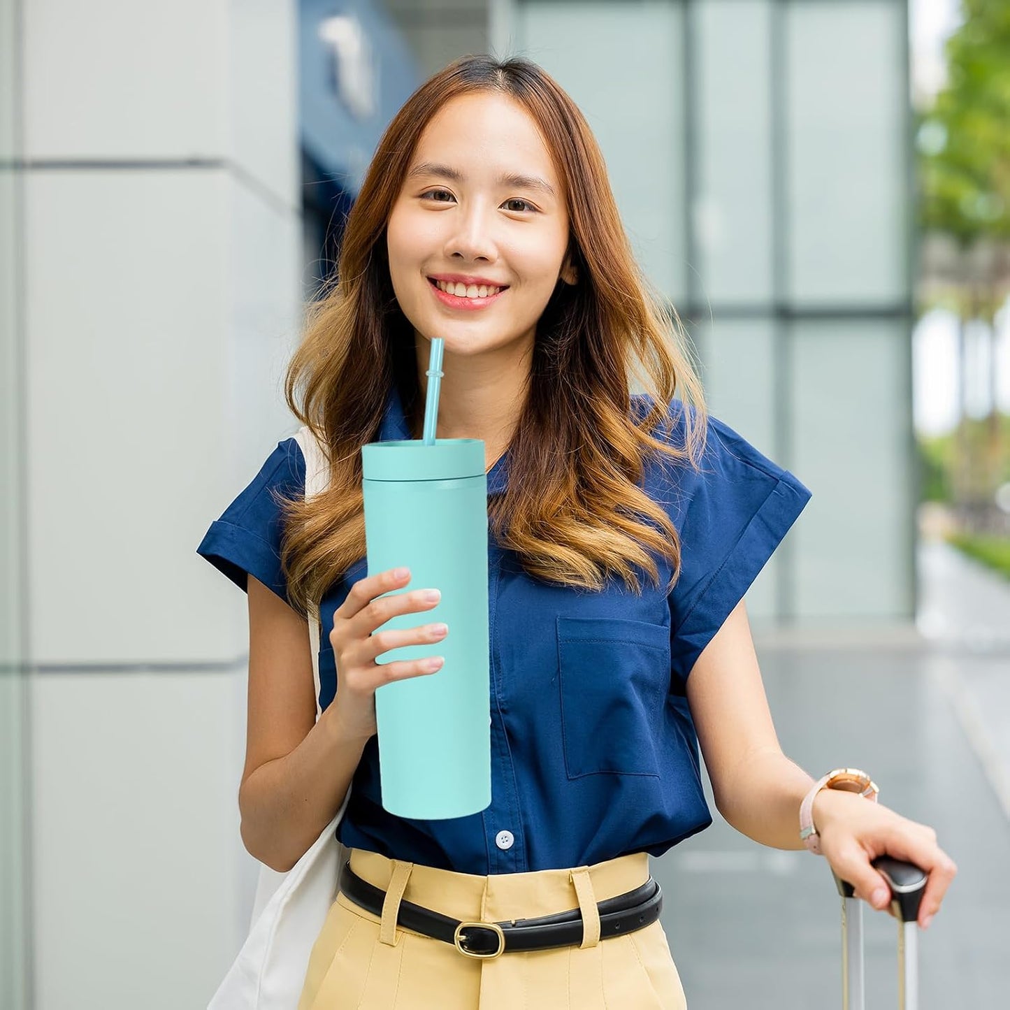 Skinny Tumbler with Lids and Straws, 16Oz Matte Light Green Skinny Tumbler Bulk, Reusable Pastel Acrylic Tumbler, Double Wall Plastic Tumbler for Cold Hot Drinks, Coffee DIY