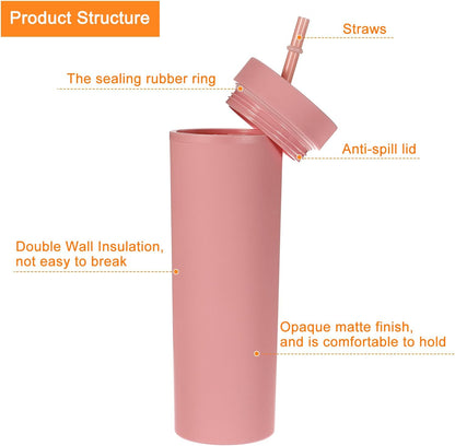 Skinny Tumbler with Lids and Straws, 16Oz Matte Light Green Skinny Tumbler Bulk, Reusable Pastel Acrylic Tumbler, Double Wall Plastic Tumbler for Cold Hot Drinks, Coffee DIY