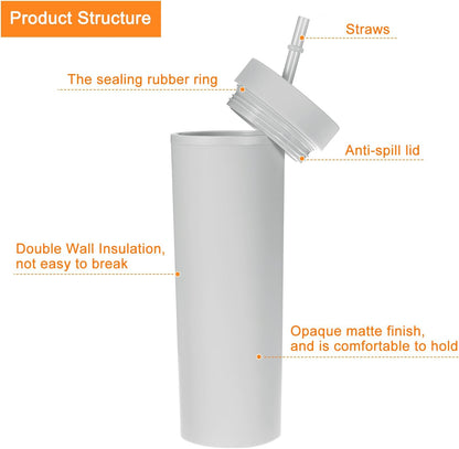Skinny Tumbler with Lids and Straws, 16Oz Matte Light Green Skinny Tumbler Bulk, Reusable Pastel Acrylic Tumbler, Double Wall Plastic Tumbler for Cold Hot Drinks, Coffee DIY