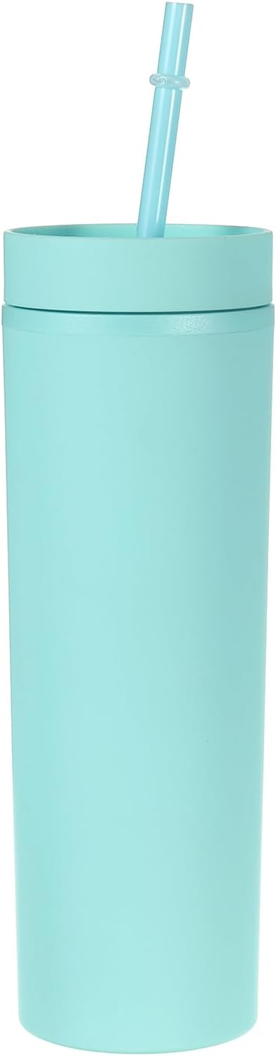 Skinny Tumbler with Lids and Straws, 16Oz Matte Light Green Skinny Tumbler Bulk, Reusable Pastel Acrylic Tumbler, Double Wall Plastic Tumbler for Cold Hot Drinks, Coffee DIY