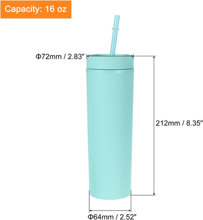 Skinny Tumbler with Lids and Straws, 16Oz Matte Light Green Skinny Tumbler Bulk, Reusable Pastel Acrylic Tumbler, Double Wall Plastic Tumbler for Cold Hot Drinks, Coffee DIY
