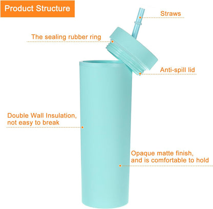 Skinny Tumbler with Lids and Straws, 16Oz Matte Light Green Skinny Tumbler Bulk, Reusable Pastel Acrylic Tumbler, Double Wall Plastic Tumbler for Cold Hot Drinks, Coffee DIY