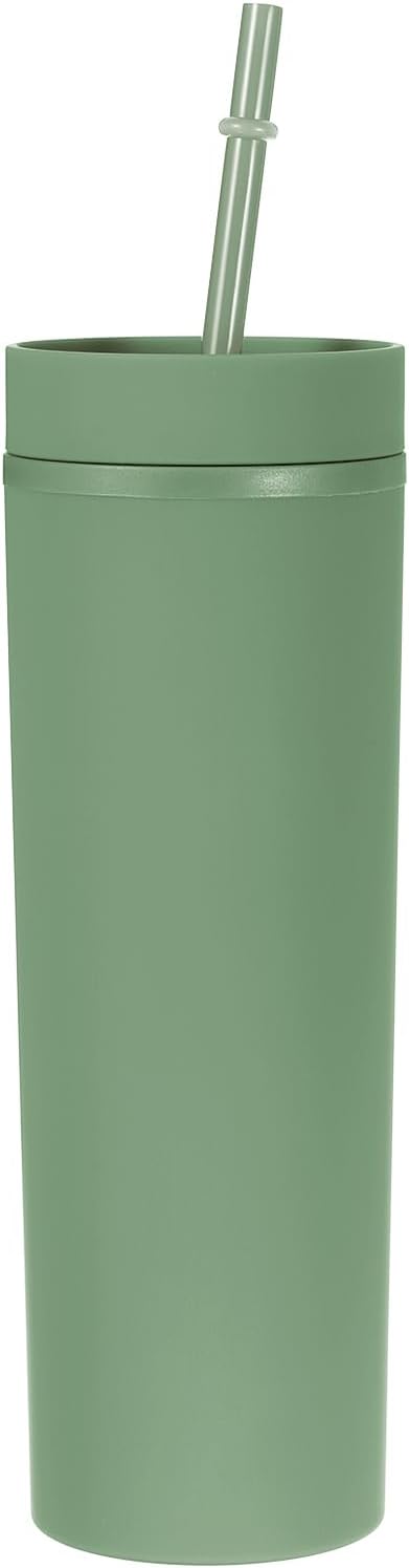 Skinny Tumbler with Lids and Straws, 16Oz Matte Light Green Skinny Tumbler Bulk, Reusable Pastel Acrylic Tumbler, Double Wall Plastic Tumbler for Cold Hot Drinks, Coffee DIY