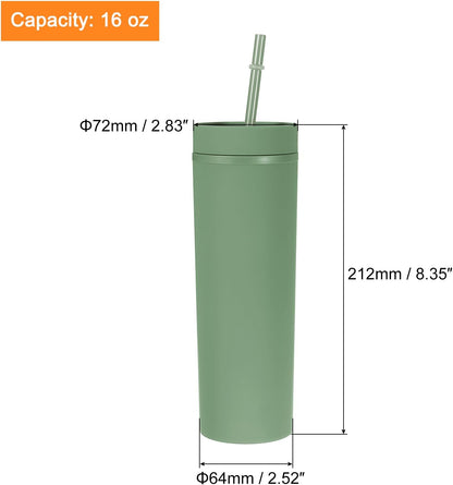 Skinny Tumbler with Lids and Straws, 16Oz Matte Light Green Skinny Tumbler Bulk, Reusable Pastel Acrylic Tumbler, Double Wall Plastic Tumbler for Cold Hot Drinks, Coffee DIY