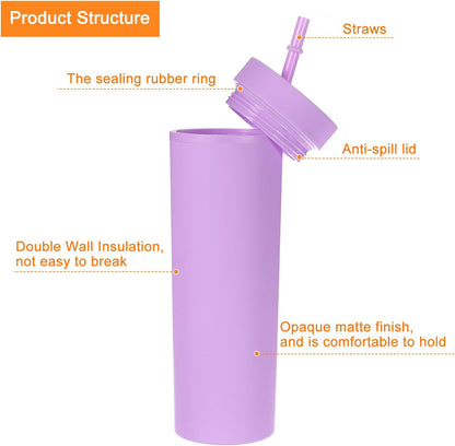 Skinny Tumbler with Lids and Straws, 16Oz Matte Light Green Skinny Tumbler Bulk, Reusable Pastel Acrylic Tumbler, Double Wall Plastic Tumbler for Cold Hot Drinks, Coffee DIY