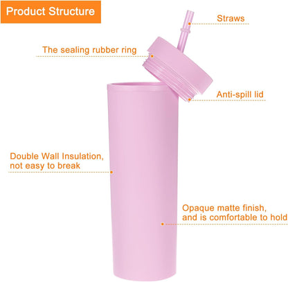 Skinny Tumbler with Lids and Straws, 16Oz Matte Light Green Skinny Tumbler Bulk, Reusable Pastel Acrylic Tumbler, Double Wall Plastic Tumbler for Cold Hot Drinks, Coffee DIY