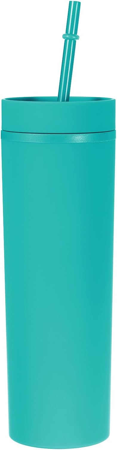 Skinny Tumbler with Lids and Straws, 16Oz Matte Light Green Skinny Tumbler Bulk, Reusable Pastel Acrylic Tumbler, Double Wall Plastic Tumbler for Cold Hot Drinks, Coffee DIY