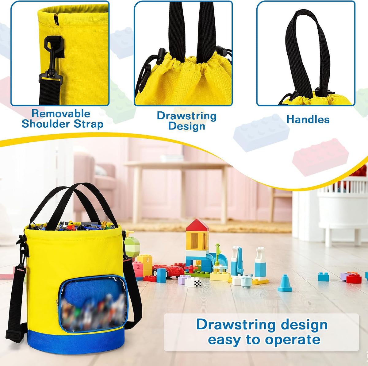 Drawstring Toy Storage Organizer Bag for Building Bricks (Large)