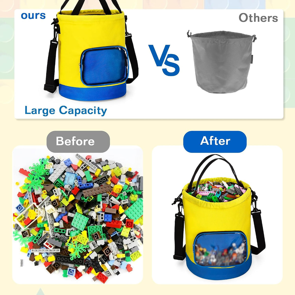 Drawstring Toy Storage Organizer Bag for Building Bricks (Large)