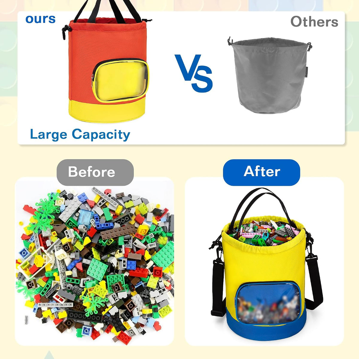 Drawstring Toy Storage Organizer Bag for Building Bricks (Large)