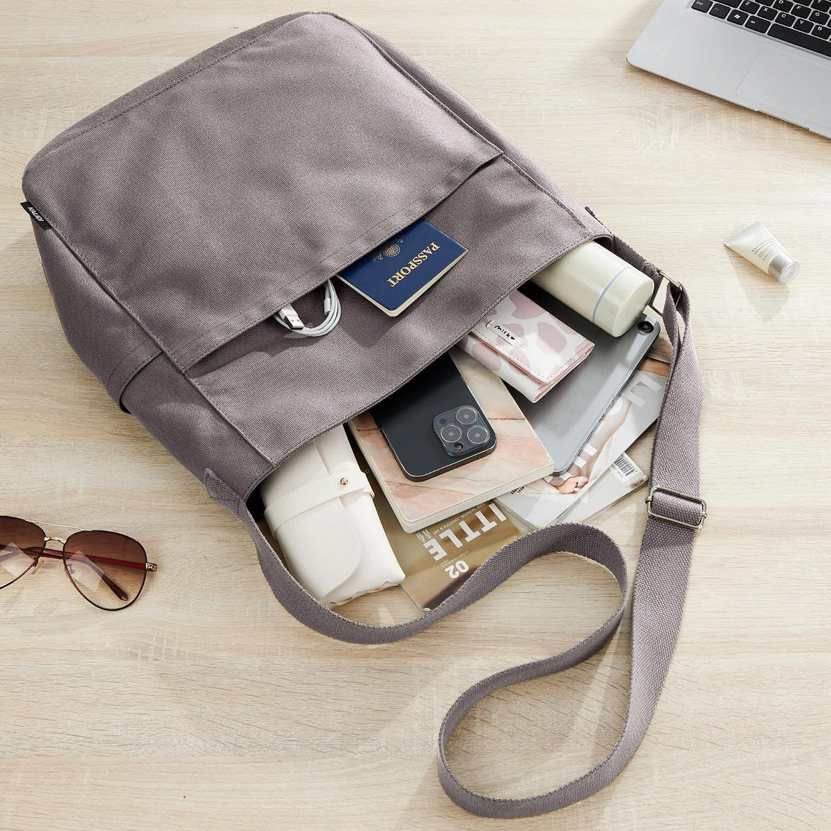 KALIDI Canvas Tote Bag Zipper Large Crossbody Shoulder Bag Messenger Bag