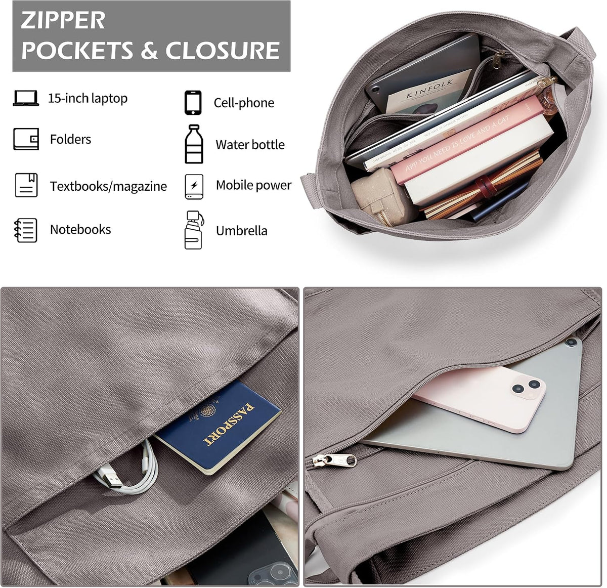 KALIDI Canvas Tote Bag Zipper Large Crossbody Shoulder Bag Messenger Bag