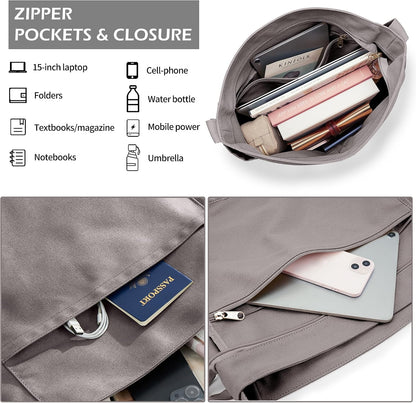 KALIDI Canvas Tote Bag Zipper Large Crossbody Shoulder Bag Messenger Bag
