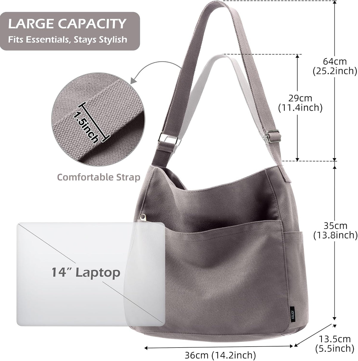 KALIDI Canvas Tote Bag Zipper Large Crossbody Shoulder Bag Messenger Bag