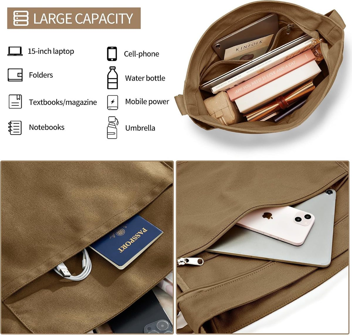 KALIDI Canvas Tote Bag Zipper Large Crossbody Shoulder Bag Messenger Bag