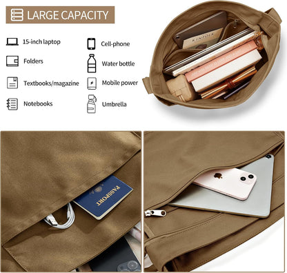 KALIDI Canvas Tote Bag Zipper Large Crossbody Shoulder Bag Messenger Bag