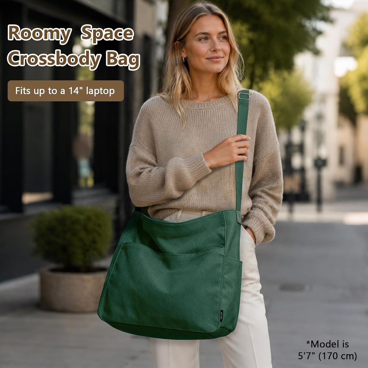 KALIDI Canvas Tote Bag Zipper Large Crossbody Shoulder Bag Messenger Bag