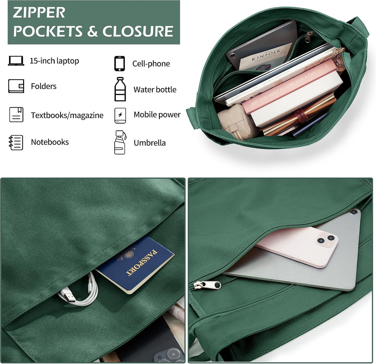KALIDI Canvas Tote Bag Zipper Large Crossbody Shoulder Bag Messenger Bag