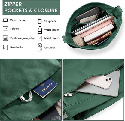 KALIDI Canvas Tote Bag Zipper Large Crossbody Shoulder Bag Messenger Bag