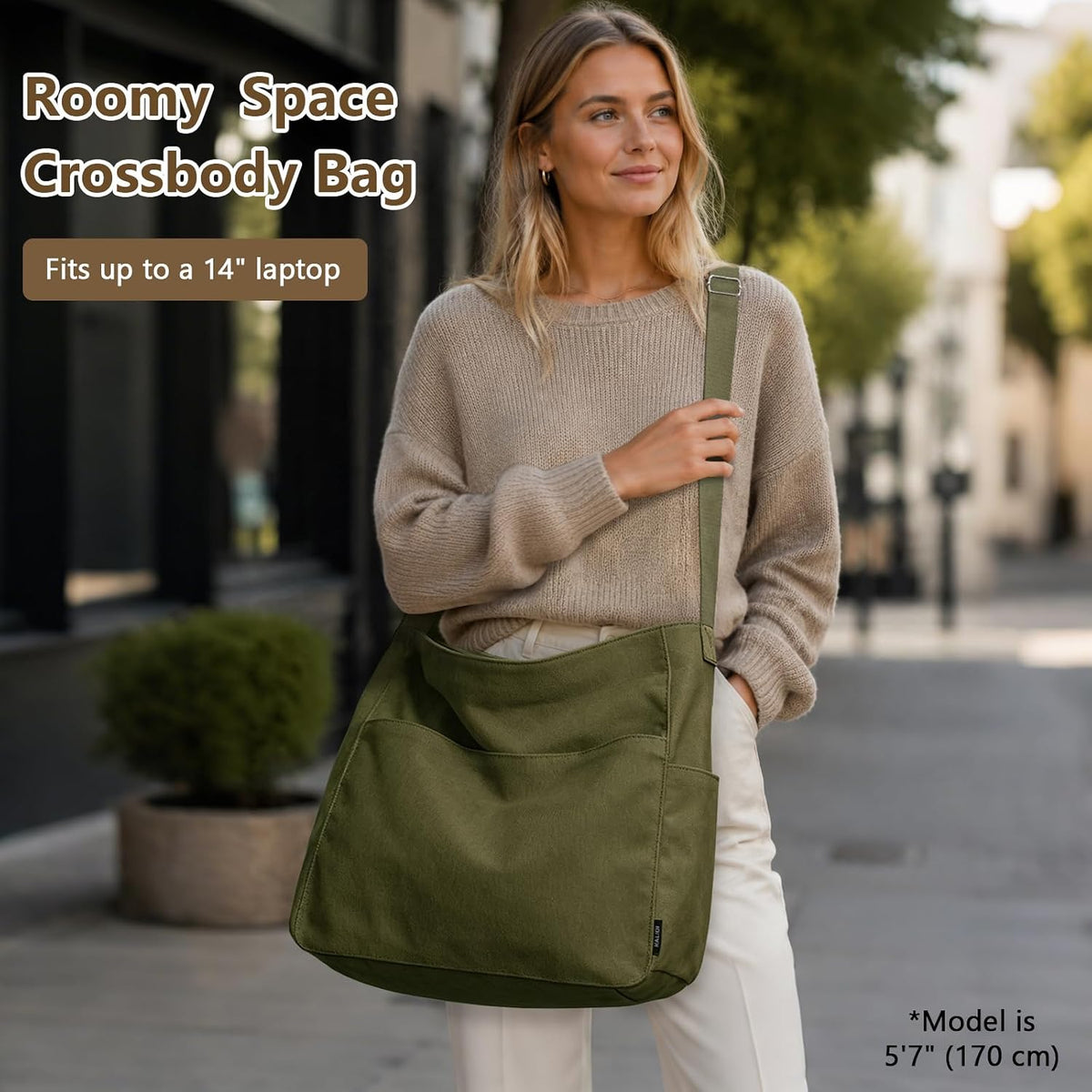 KALIDI Canvas Tote Bag Zipper Large Crossbody Shoulder Bag Messenger Bag