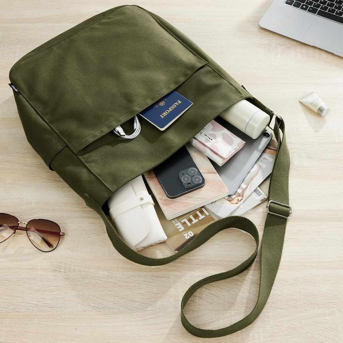 KALIDI Canvas Tote Bag Zipper Large Crossbody Shoulder Bag Messenger Bag