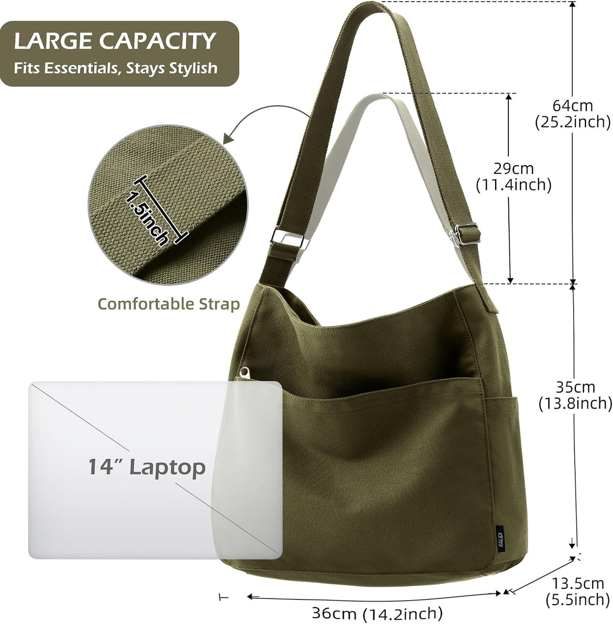 KALIDI Canvas Tote Bag Zipper Large Crossbody Shoulder Bag Messenger Bag