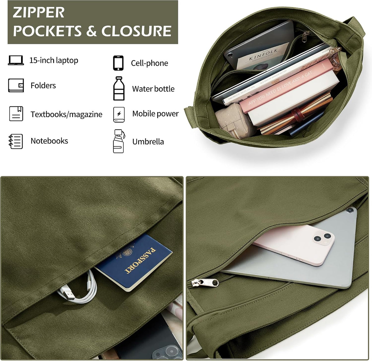 KALIDI Canvas Tote Bag Zipper Large Crossbody Shoulder Bag Messenger Bag