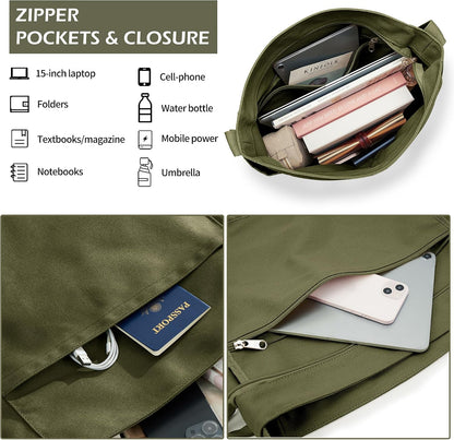 KALIDI Canvas Tote Bag Zipper Large Crossbody Shoulder Bag Messenger Bag