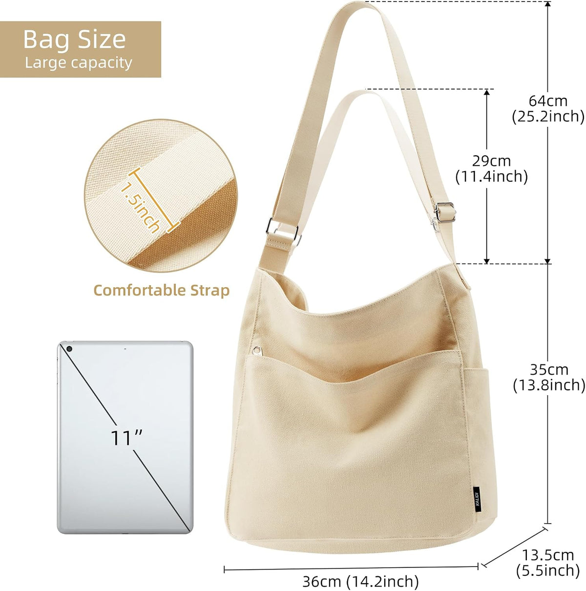 KALIDI Canvas Tote Bag Zipper Large Crossbody Shoulder Bag Messenger Bag