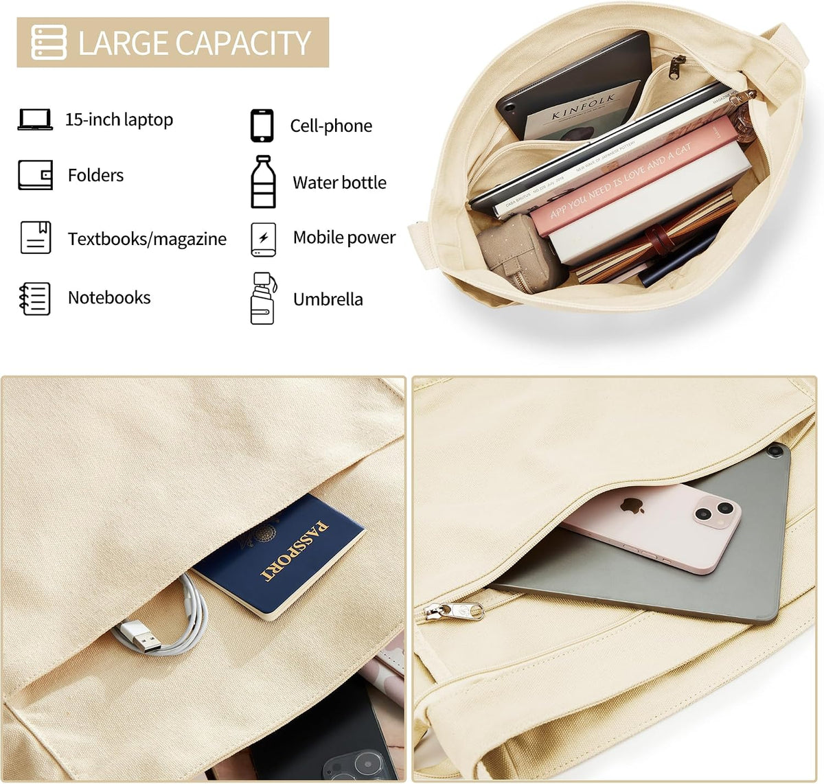KALIDI Canvas Tote Bag Zipper Large Crossbody Shoulder Bag Messenger Bag