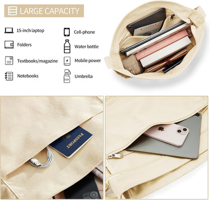 KALIDI Canvas Tote Bag Zipper Large Crossbody Shoulder Bag Messenger Bag