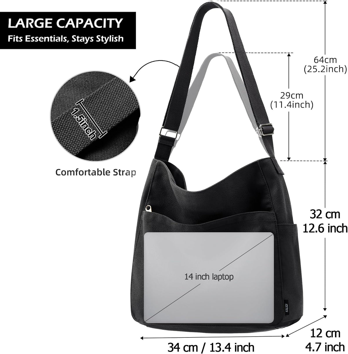 KALIDI Canvas Tote Bag Zipper Large Crossbody Shoulder Bag Messenger Bag