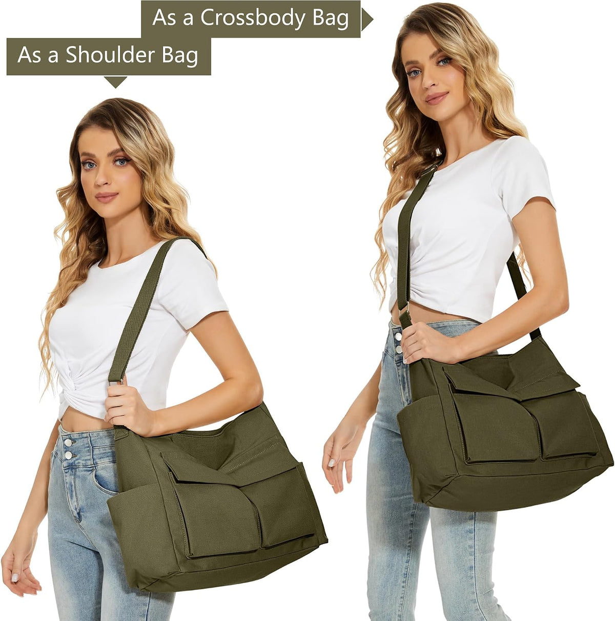 KALIDI Canvas Tote Bag Zipper Large Crossbody Shoulder Bag Messenger Bag