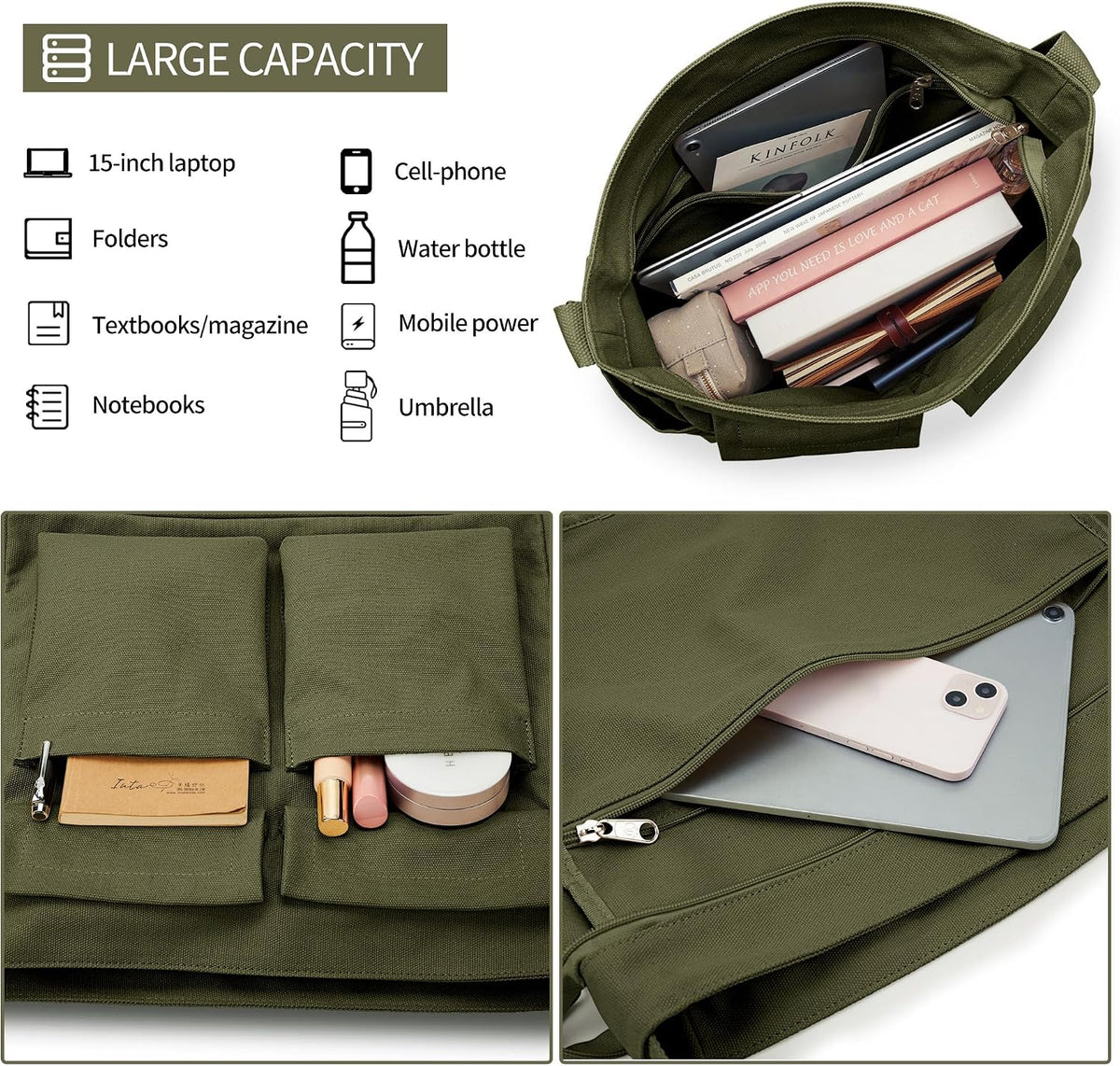 KALIDI Canvas Tote Bag Zipper Large Crossbody Shoulder Bag Messenger Bag