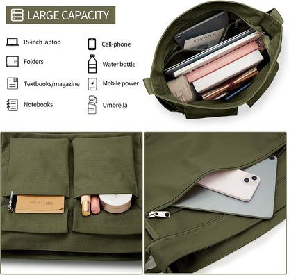 KALIDI Canvas Tote Bag Zipper Large Crossbody Shoulder Bag Messenger Bag