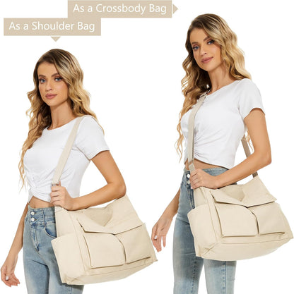 KALIDI Canvas Tote Bag Zipper Large Crossbody Shoulder Bag Messenger Bag