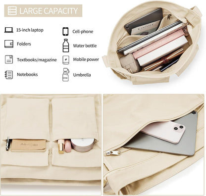 KALIDI Canvas Tote Bag Zipper Large Crossbody Shoulder Bag Messenger Bag