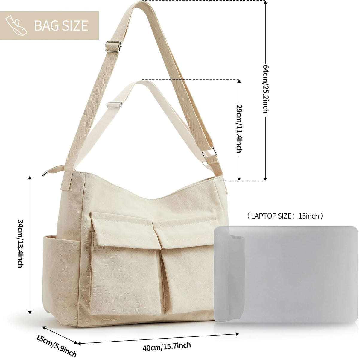 KALIDI Canvas Tote Bag Zipper Large Crossbody Shoulder Bag Messenger Bag